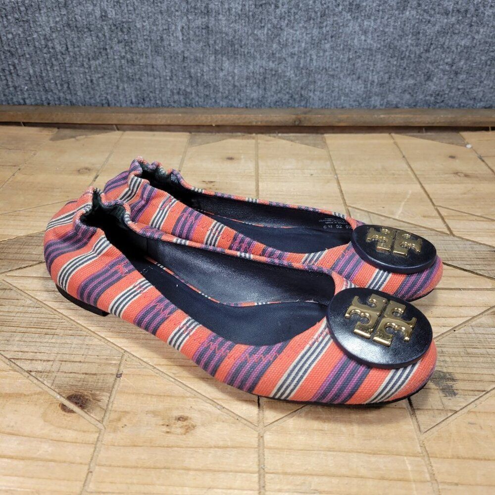 Tory Burch Reva Bauer 5.5M Ballet Flats Slip On Shoes Red Multi Stripe Canvas - Picture 1 of 11